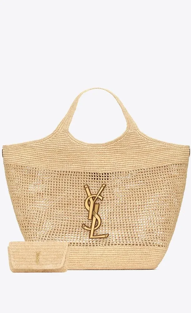 Saint Laurent Icare Tote Bag in Beige Raffia Bronze Hardware