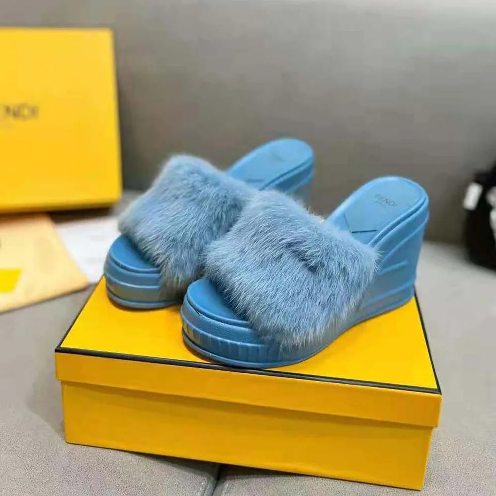 Fendi Fashion Show Blue Mink Slides for Women