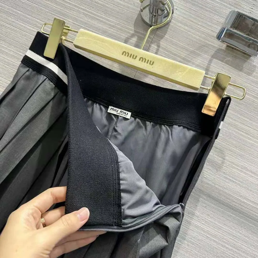 Miu Miu Prince of Wales Check Skirt with Intarsia Logo Knit Waistband for Women Miu Miu Prince of Wales Check Skirt with Intarsia Logo Knit Waistband for Women