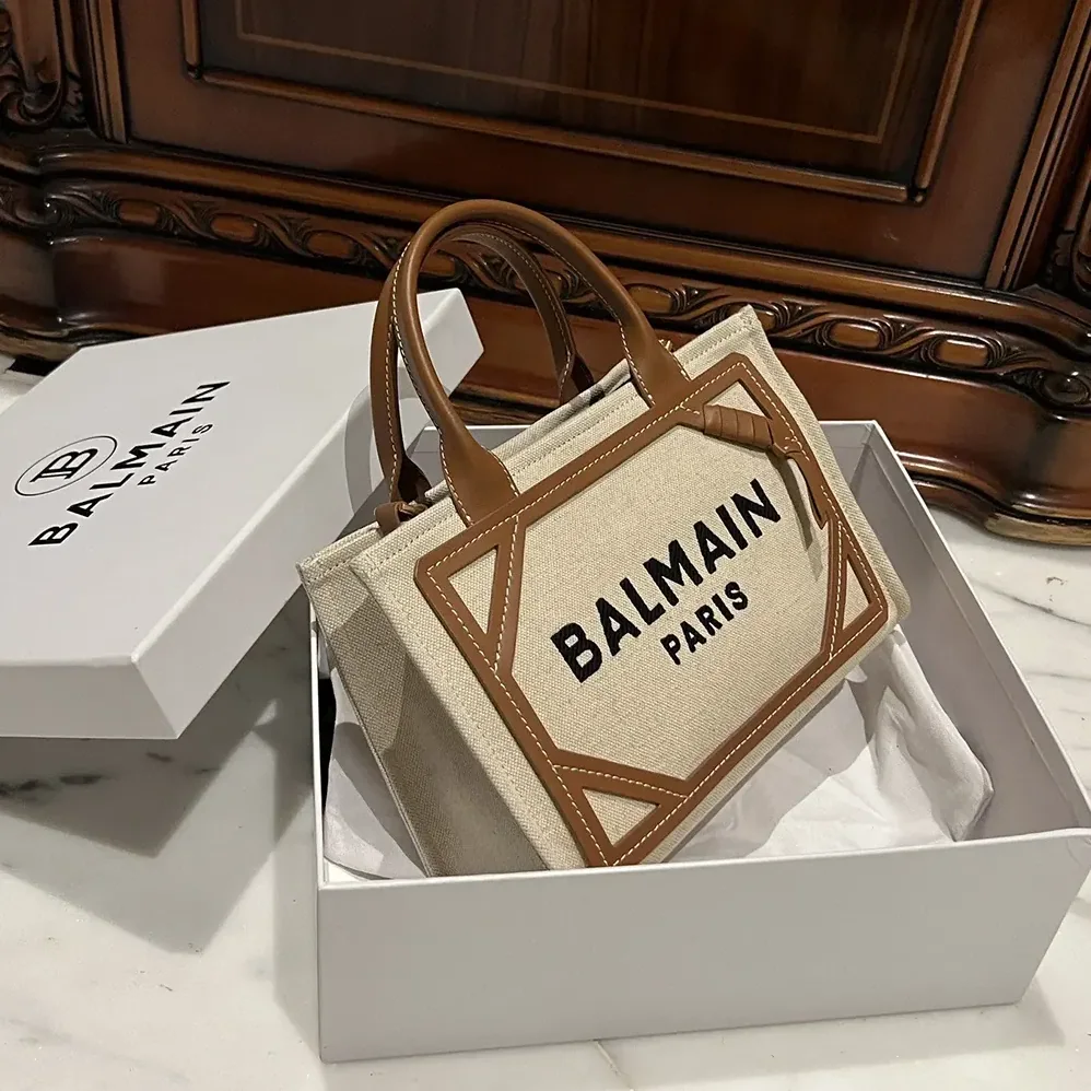 Balmain B-Army Small Canvas Shopping Bag with Leather Inserts for Women Balmain B-Army Small Canvas Shopping Bag with Leather Inserts for Women