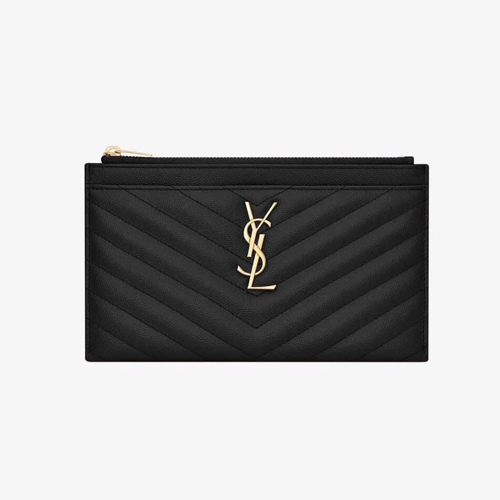 Saint Laurent YSL Monogram Bill Pouch in Grain DE Poudre Embossed Leather for Women in Black Saint Laurent YSL Monogram Bill Pouch in Grain DE Poudre Embossed Leather for Women in Black