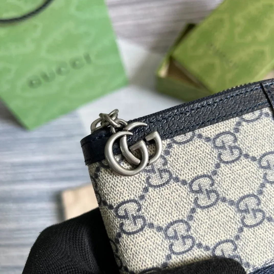 Gucci Ophidia GG Zip-Around Wallet in Beige with Red and Dark Blue Stripes and Silver Hardware , /