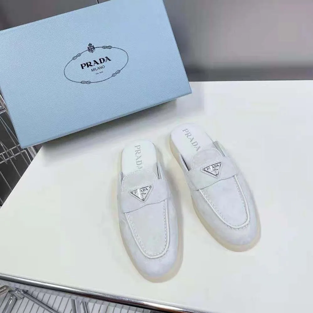Prada Suede Leather Sabots with Enameled Metal Triangle Logo for Unisex in White