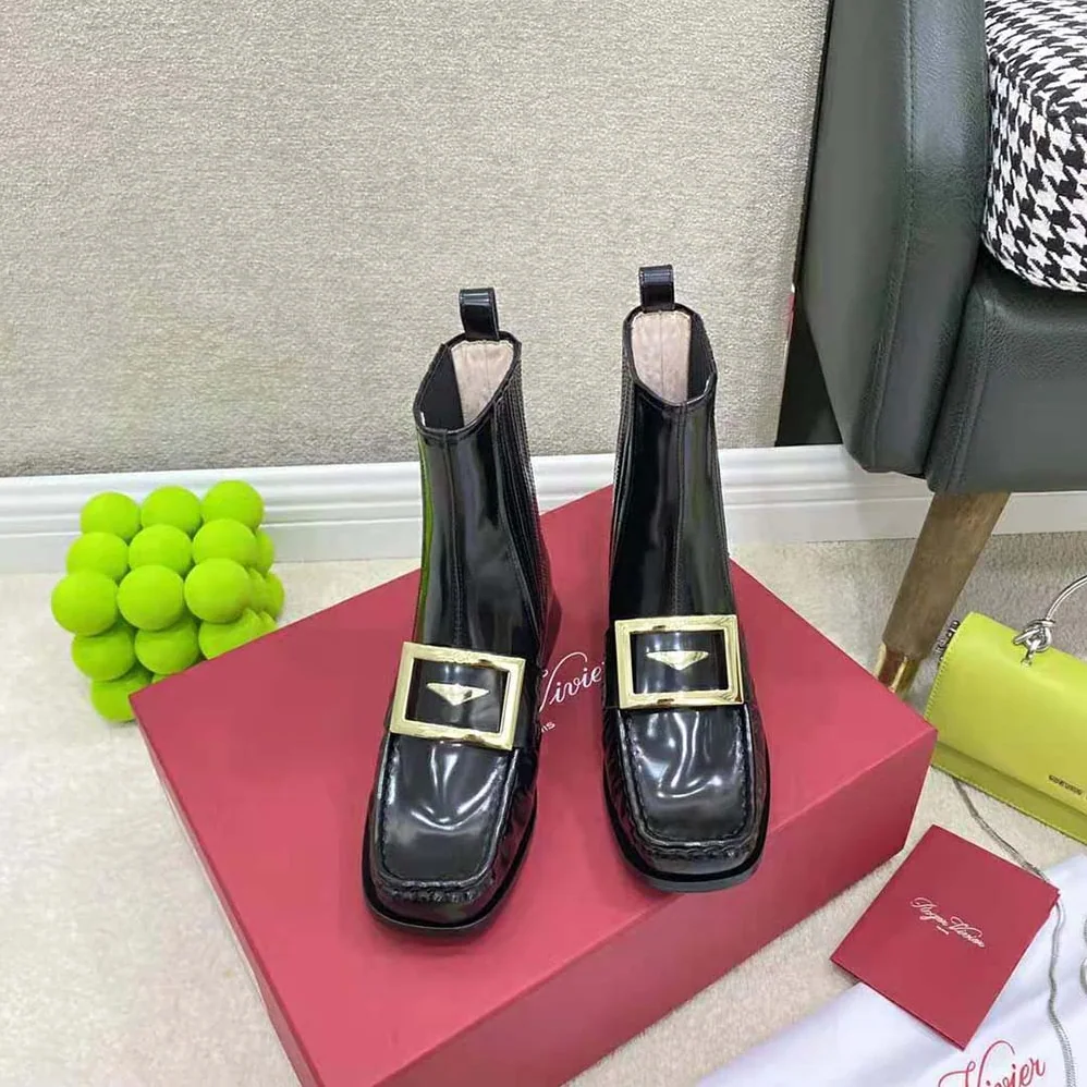 Roger Vivier Preppy Viv' Metal Buckle Chelsea Booties in Patent Leather for Women Roger Vivier Preppy Viv' Metal Buckle Chelsea Booties in Patent Leather for Women