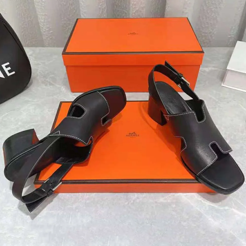 Hermes Elbe 60 Sandal in Calfskin with H Cut-Out Detail for Women in Black Hermes Elbe 60 Sandal in Calfskin with H Cut-Out Detail for Women in Black