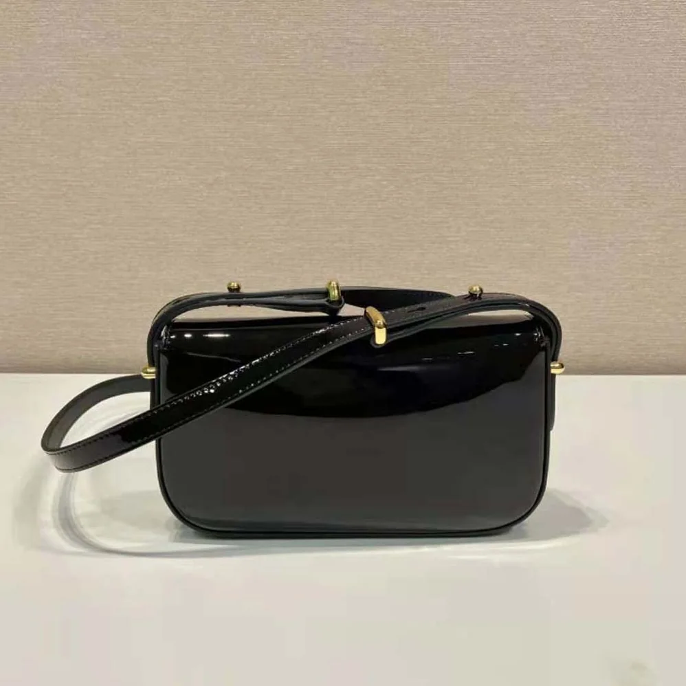 Prada Patent Leather Shoulder Bag with Flap for Women in Black