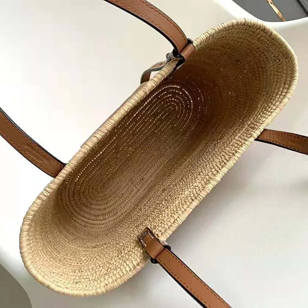 Loewe Small Square Basket Bag in Raffia and Calfskin for Women in Brown Loewe Small Square Basket Bag in Raffia and Calfskin for Women in Brown