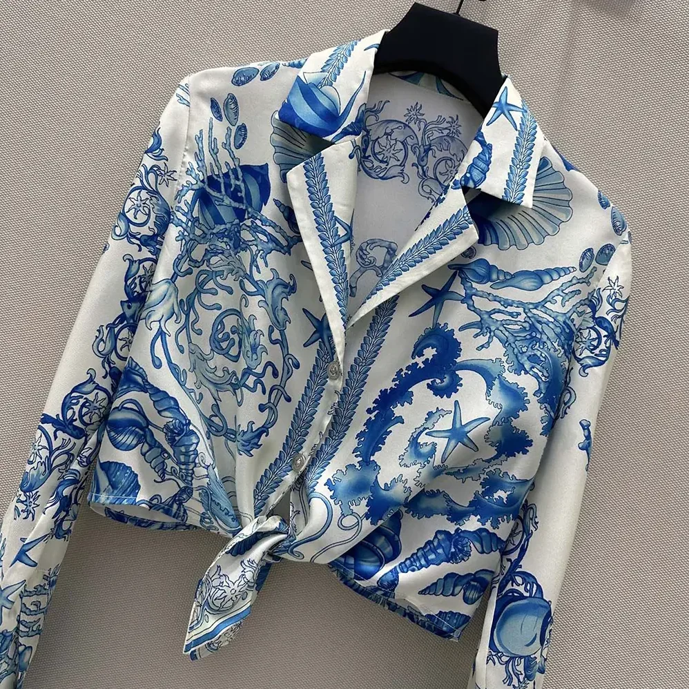 Versace Underwater Barocco Knotted Crop Cotton Shirt for Women