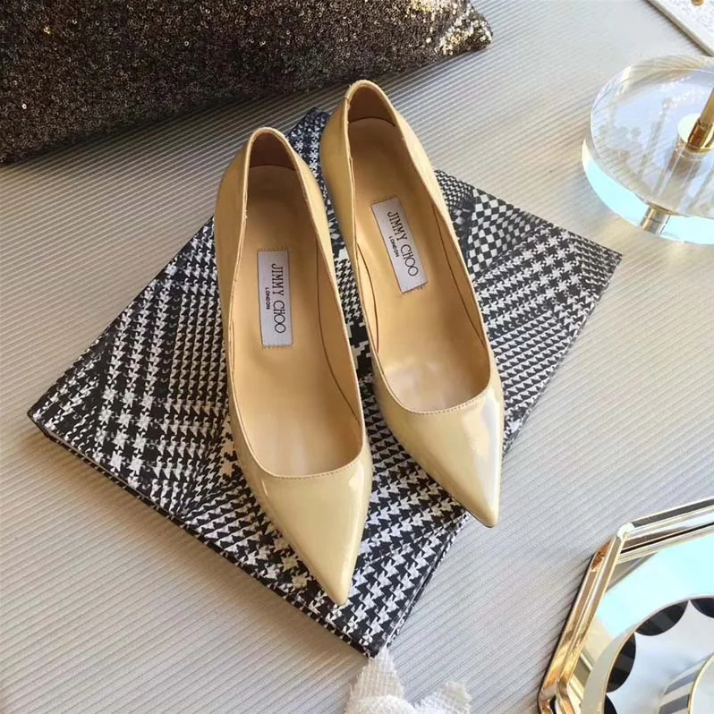 Jimmy Choo Romy 85 Patent Leather Pointy Toe Pumps Shoes for Women in Beige