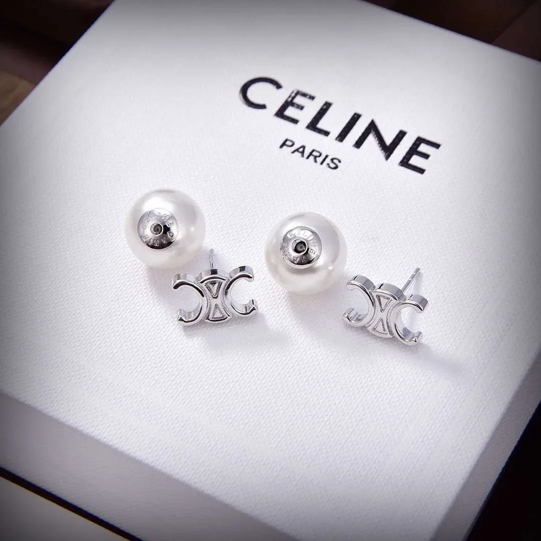 Celine Triomphe Pearl Earrings Silver