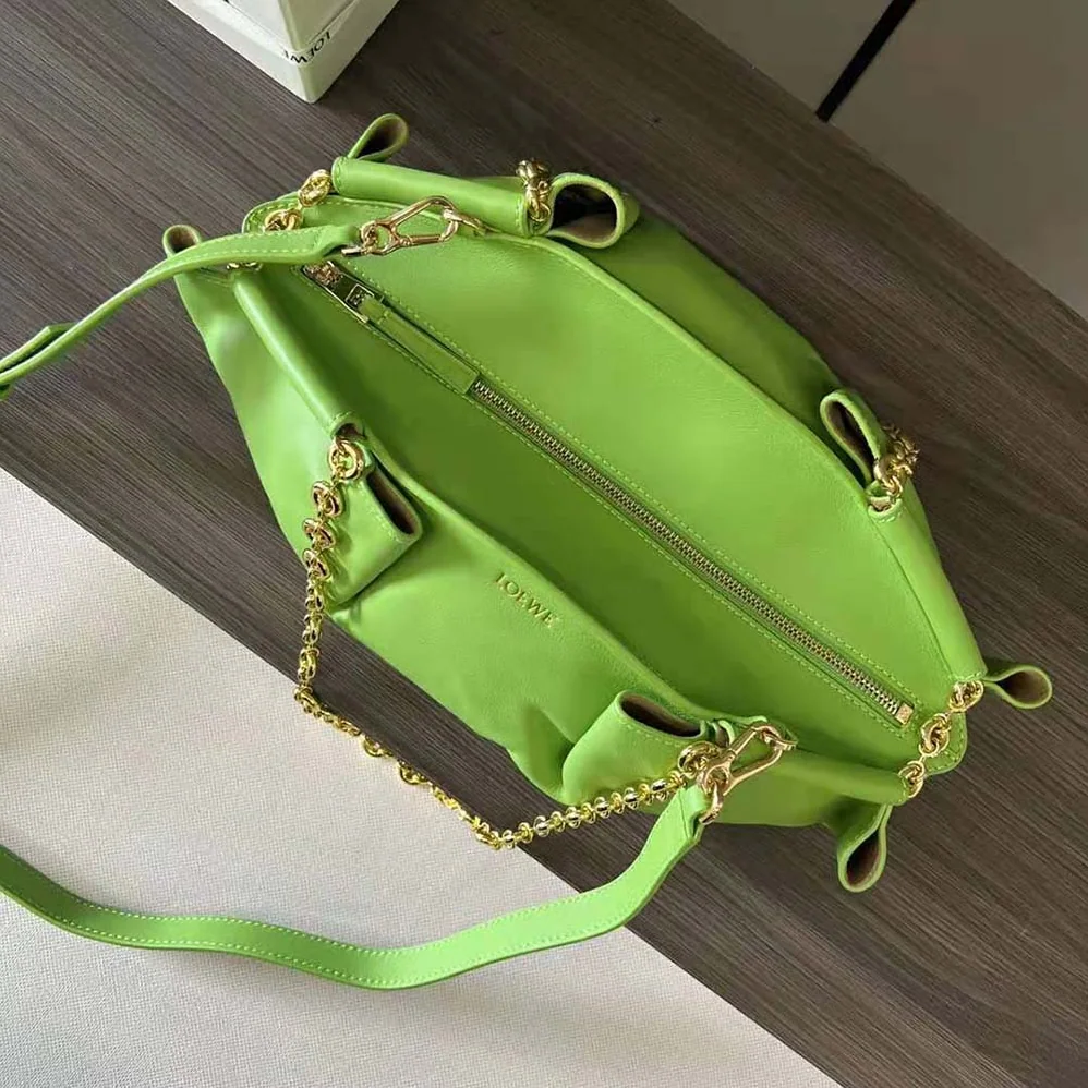 Loewe Small Paseo Bag in Shiny Nappa Calfskin with Chain for Women in Green