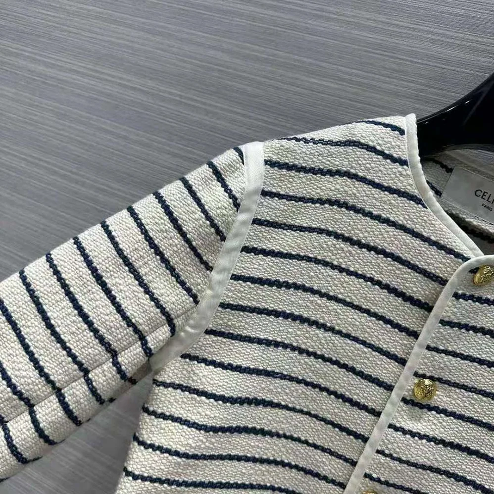 Celine Cardigan Jacket with Leather Details in Striped Cotton for Women Celine Cardigan Jacket with Leather Details in Striped Cotton for Women