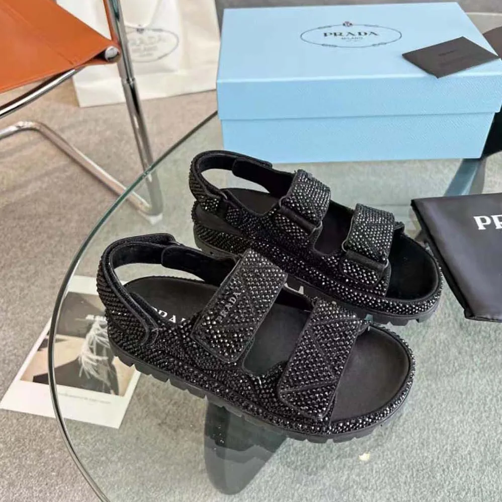 Prada Satin Sandals with Crystals for Women in Black Prada Satin Sandals with Crystals for Women in Black