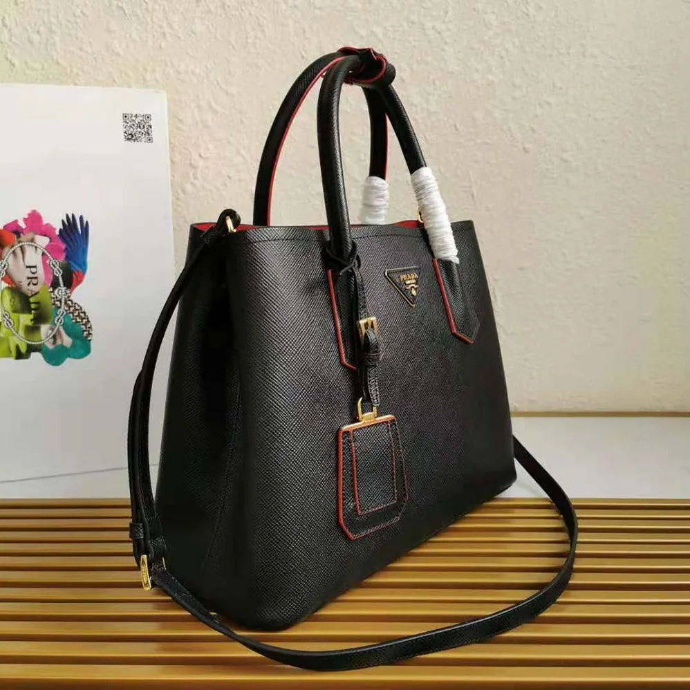 Prada Small Saffiano Leather Double Prada Bag for Women in Black Prada Small Saffiano Leather Double Prada Bag for Women in Black