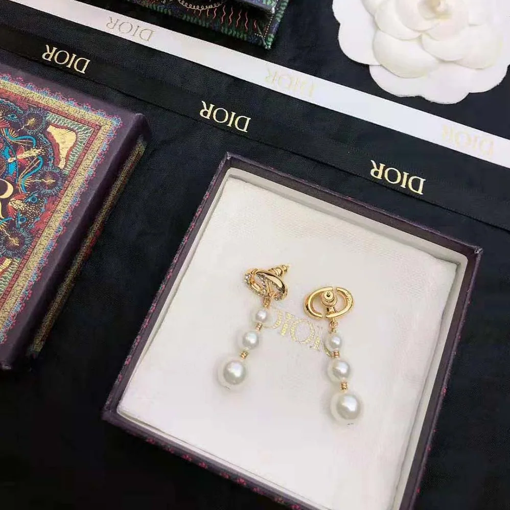 Dior CD Navy Earrings White-Finish Metal with White Resin Pearls and Crystals for Women Dior CD Navy Earrings White-Finish Metal with White Resin Pearls and Crystals for Women
