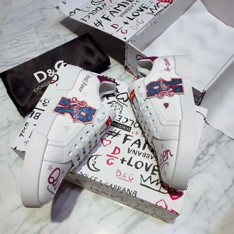 Dolce Gabbana D&G Shoes Calfskin Sneakers with Embroidered Patc for Women
