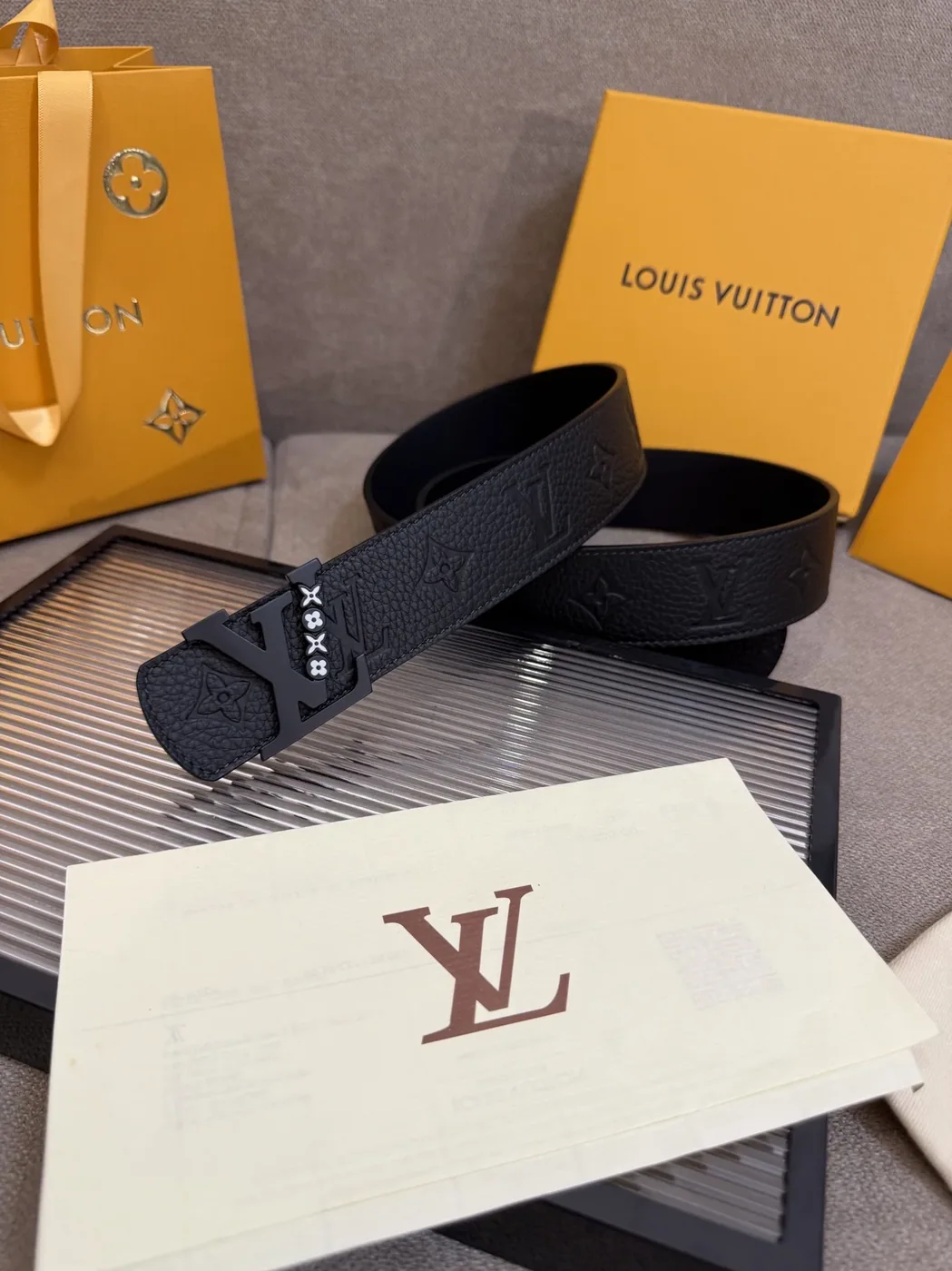 Louis Vuitton LV Initiales Embossed Monogram Pattern Belt Black