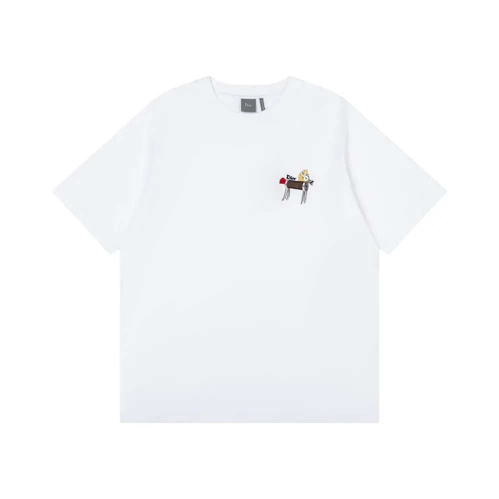 Dior T-Shirt with Horse Embroidery Relaxed Fit White Cotton Jersey for Men