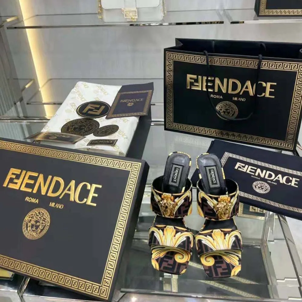Versace Fendace Gold Baroque Mules for Women in Black