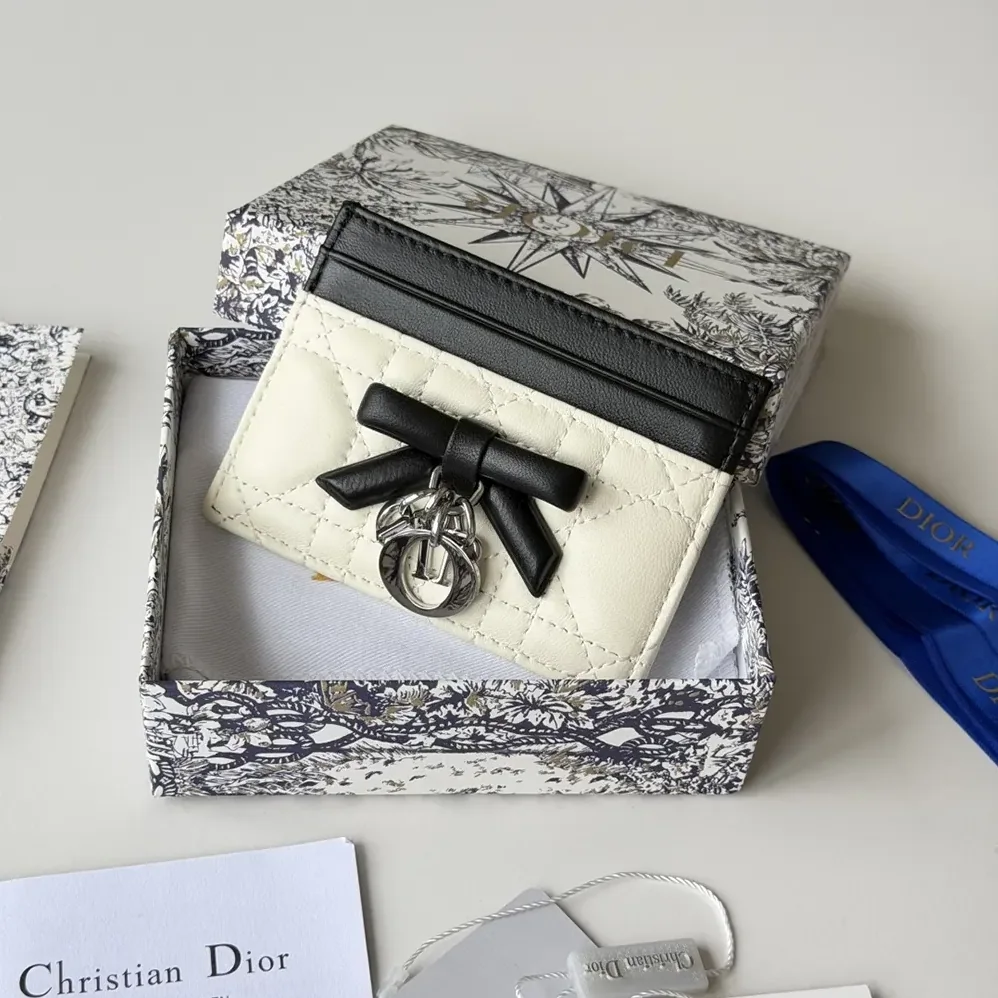 Dior Lady Dior Freesia Card Holder Two-Tone Latte and Black Cannage Lambskin for Women Dior Lady Dior Freesia Card Holder Two-Tone Latte and Black Cannage Lambskin for Women