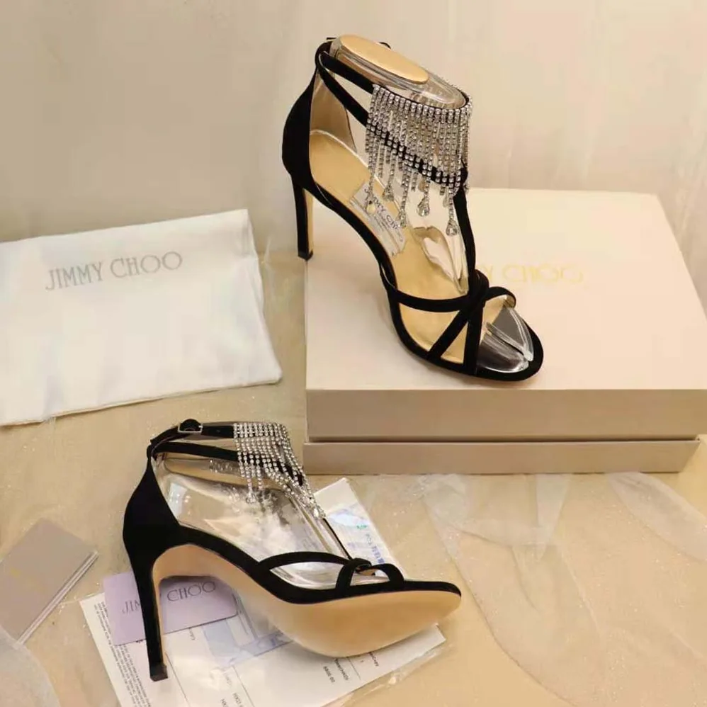 Jimmy Choo Bijou 100 Black Suede Sandals with Crystal Drape for Women