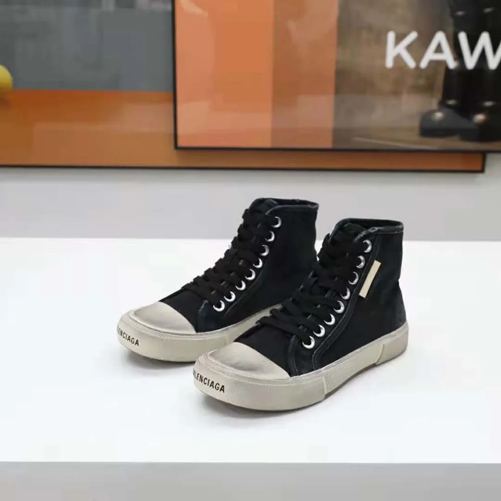 Balenciaga Paris High Top Sneaker in Black Destroyed Cotton and White Rubber for Unisex