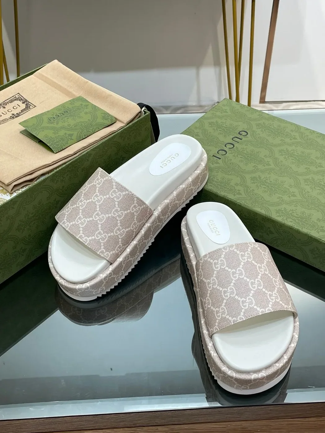 Gucci Jumbo Gg Platform Slide Sandal Light Green