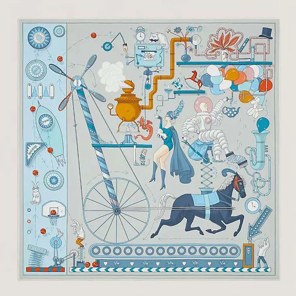 Hermes Tea for Two Scarf 90 in Silk Twill with Hand-Rolled Edges for Women in Blue Hermes Tea for Two Scarf 90 in Silk Twill with Hand-Rolled Edges for Women in Blue