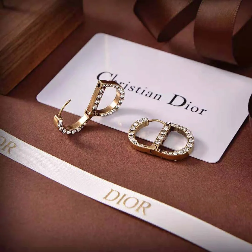 Dior 30 Montaigne Earrings Antique Gold-Finish Metal and White Crystals for Women