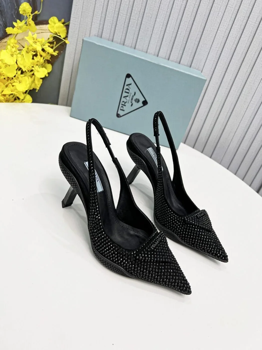 Prada Satin Slingback Pumps With Crystals Black in PRD
