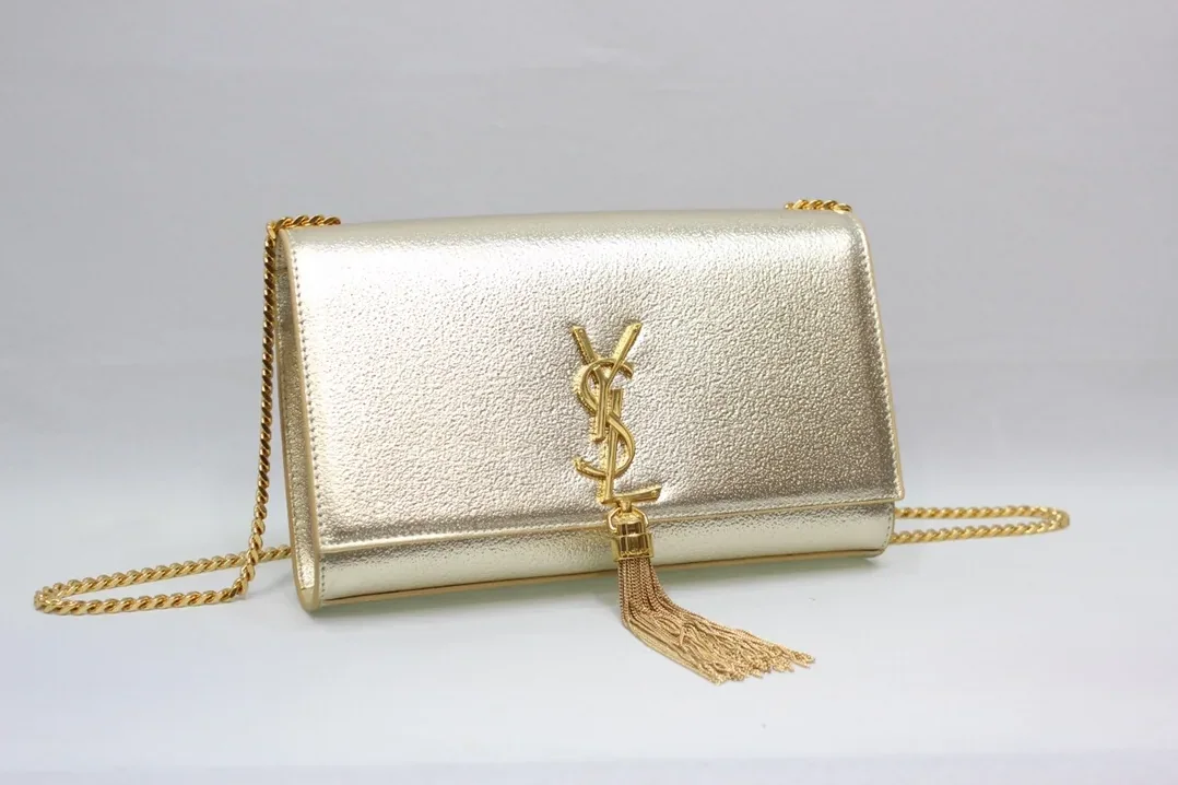 Saint Laurent Kate Chain Wallet With Tassel in Yellow Copper
