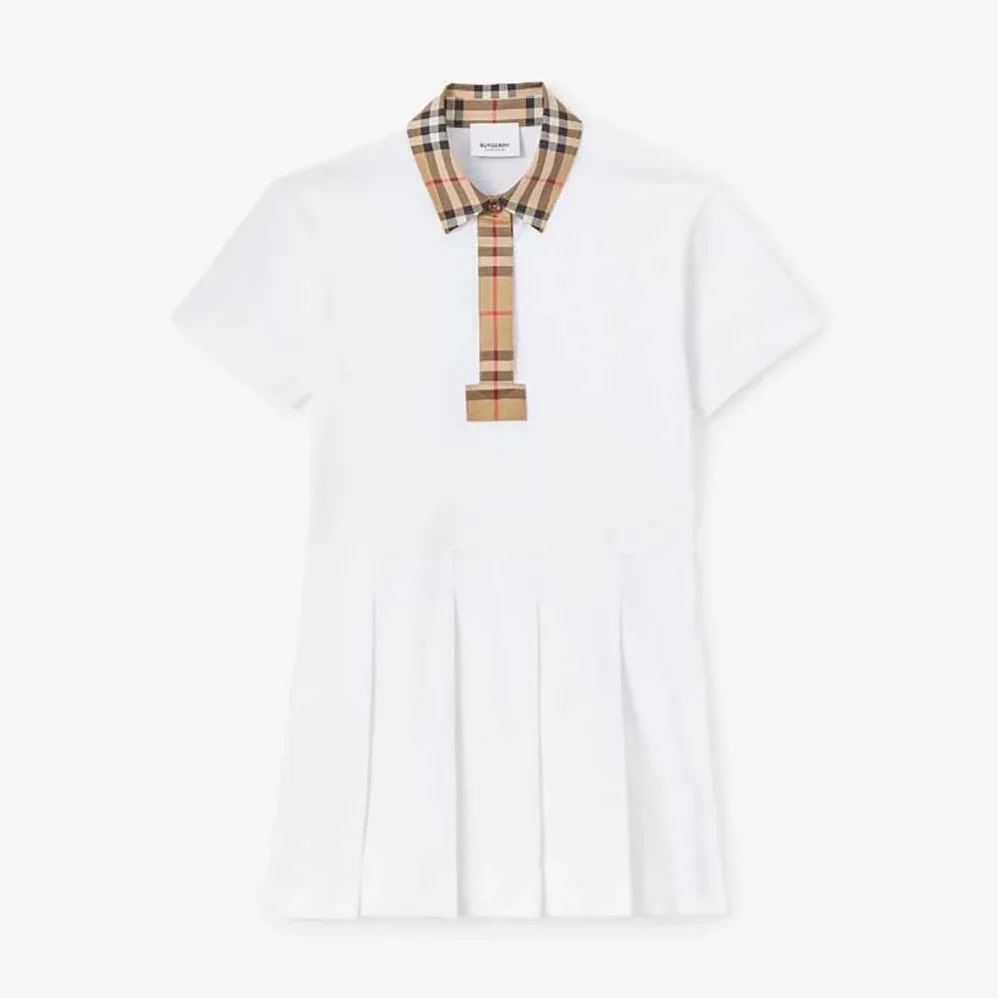 Burberry Girls' Vintage Check Trim Cotton Piqué Polo Shirt Dress in White Burberry Girls' Vintage Check Trim Cotton Piqué Polo Shirt Dress in White