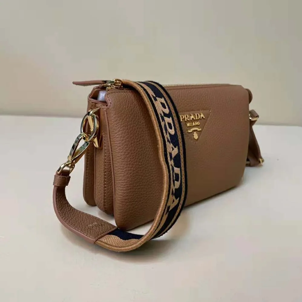 Prada Leather Shoulder Bag with Metal Lettering Logo for Women in Brown