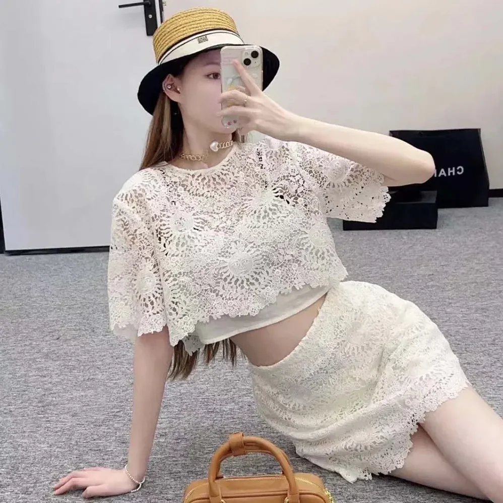 Dior Dioriviera Cropped Short-Sleeved Top Ecru Toile de Jouy Soleil Technical Cotton Lace for Women