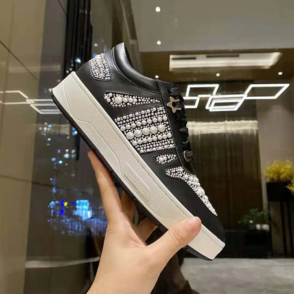 Jimmy Choo Hawaii/F Black Calf Leather and Canvas Low Top Trainers for Women
