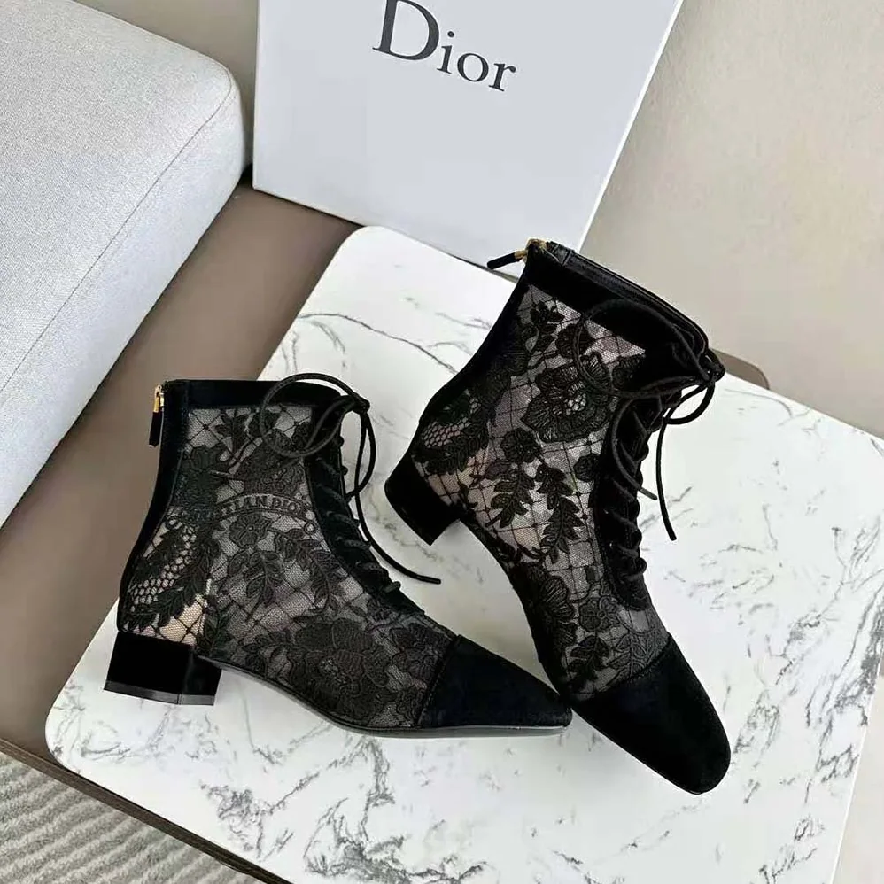 Dior Naughtily-d Ankle Boot Black Transparent Mesh and Suede Embroidered for Women