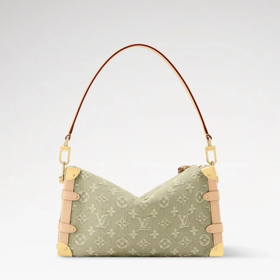 Louis Vuitton Side Trunk MM East West Shoulder Bag in Khaki Denim Gold Hardware