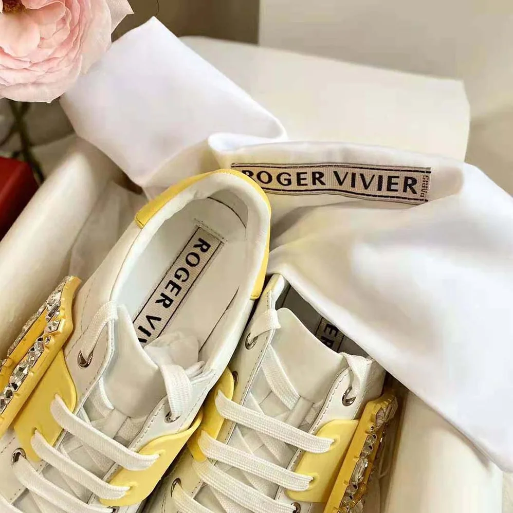 Roger Vivier Viv Skate Strass Buckle Sneakers in Soft Leather for Women in Yellow