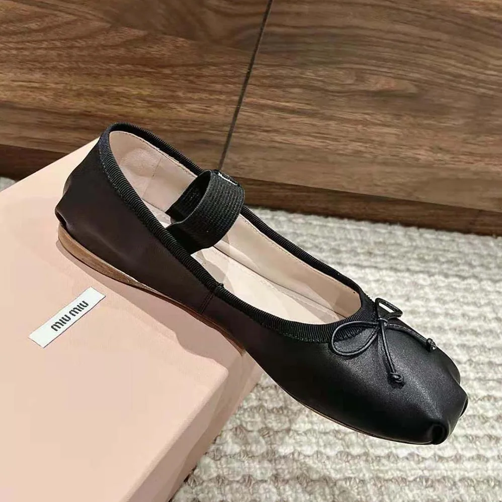 Miu Miu Leather Ballerinas with Fabric Logo Label for Women in Black