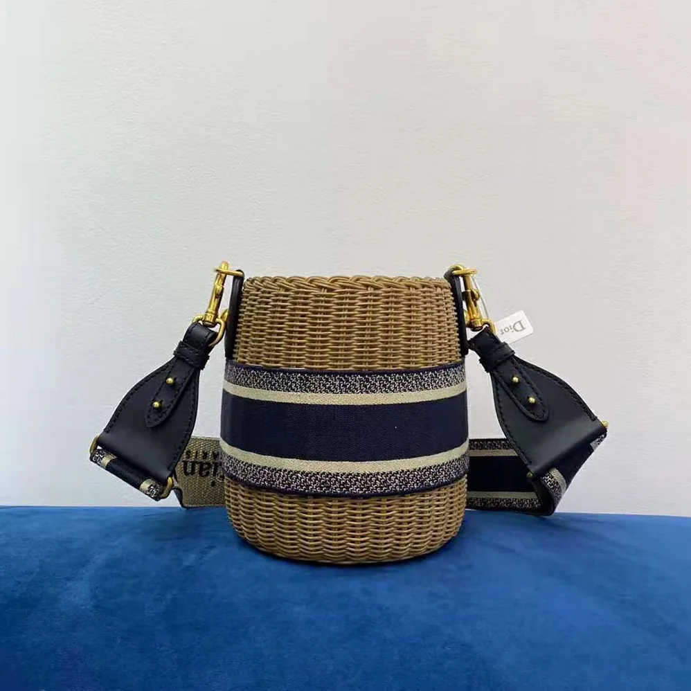 Dior Dior Wicker Bucket Bag Blue Dior Oblique Jacquard and Natural Wicker for Women Dior Dior Wicker Bucket Bag Blue Dior Oblique Jacquard and Natural Wicker for Women