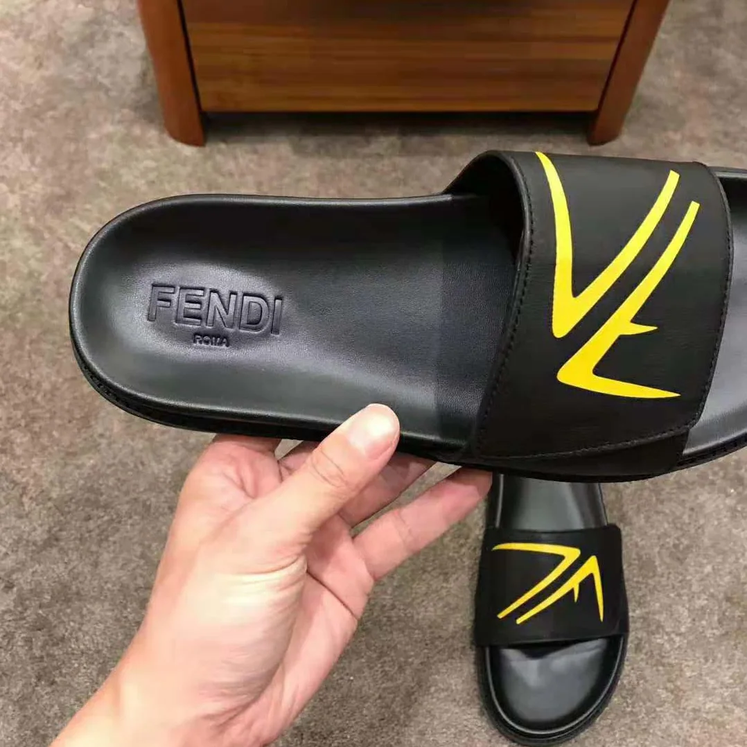 Fendi SLIDES Black Scuba and Leather Slides for Men