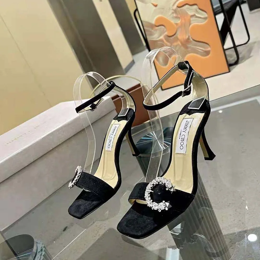 Jimmy Choo Marsai 90 Black Suede Sandals with Crystal Buckle for Women Jimmy Choo Marsai 90 Black Suede Sandals with Crystal Buckle for Women