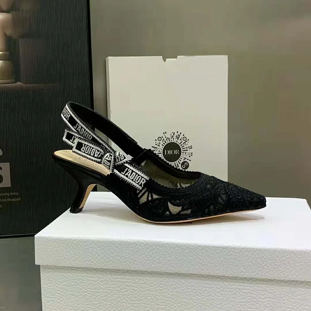 Dior J Sdior Slingback Pump Black Macramé Embroidered Cotton for Women Dior J Sdior Slingback Pump Black Macramé Embroidered Cotton for Women