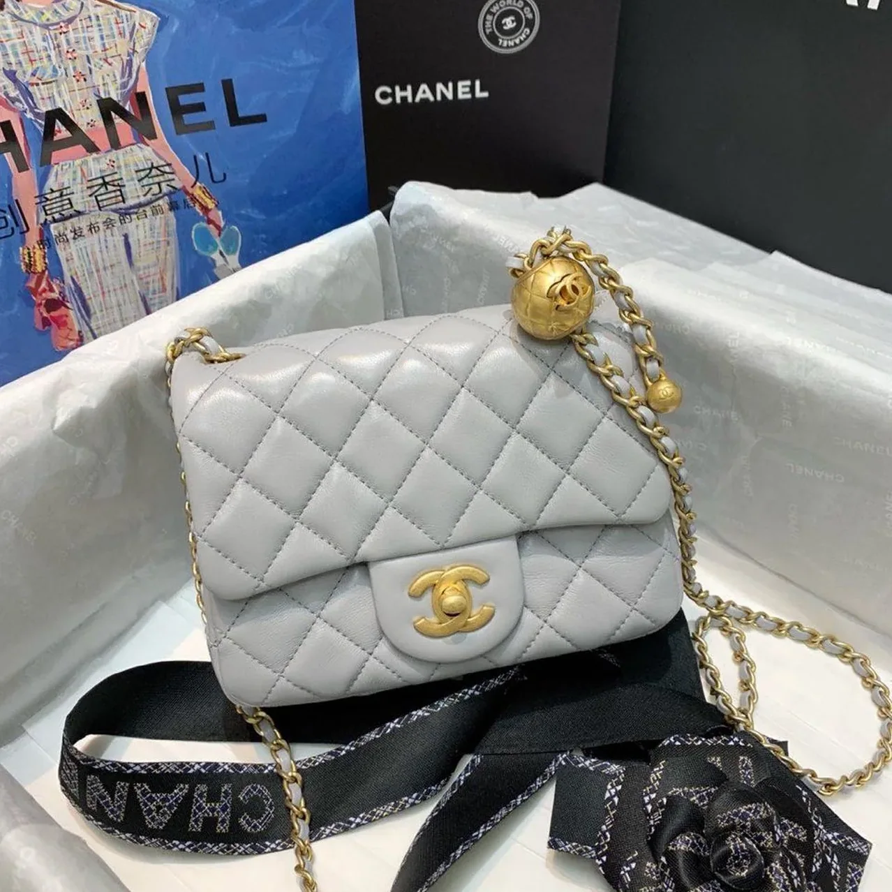 Chanel Classic Flap Bag With Charm Chain Mini Crossbody in Grey Gold Hardware