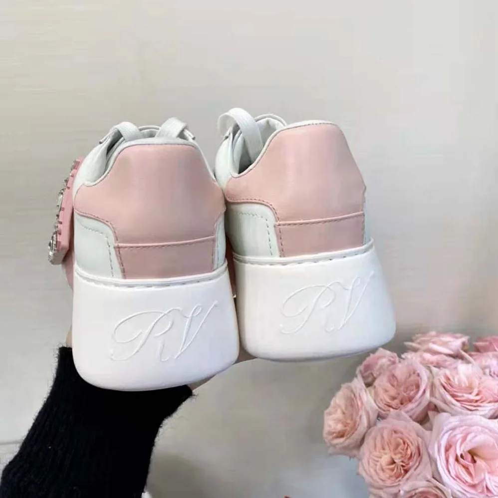 Roger Vivier Viv Skate Strass Buckle Sneakers in Soft Leather for Women in Pink Roger Vivier Viv Skate Strass Buckle Sneakers in Soft Leather for Women in Pink