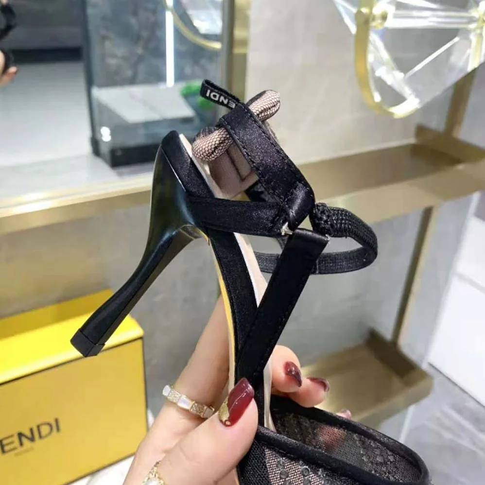 Fendi Colibri Black Mesh High-Heeled Slingbacks with Rhinestone Embroidery for Women Fendi Colibri Black Mesh High-Heeled Slingbacks with Rhinestone Embroidery for Women