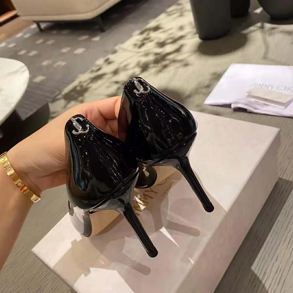 Jimmy Choo Love 100 Black Patent Leather Point-Toe Pumps with JC Emblem for Women Jimmy Choo Love 100 Black Patent Leather Point-Toe Pumps with JC Emblem for Women