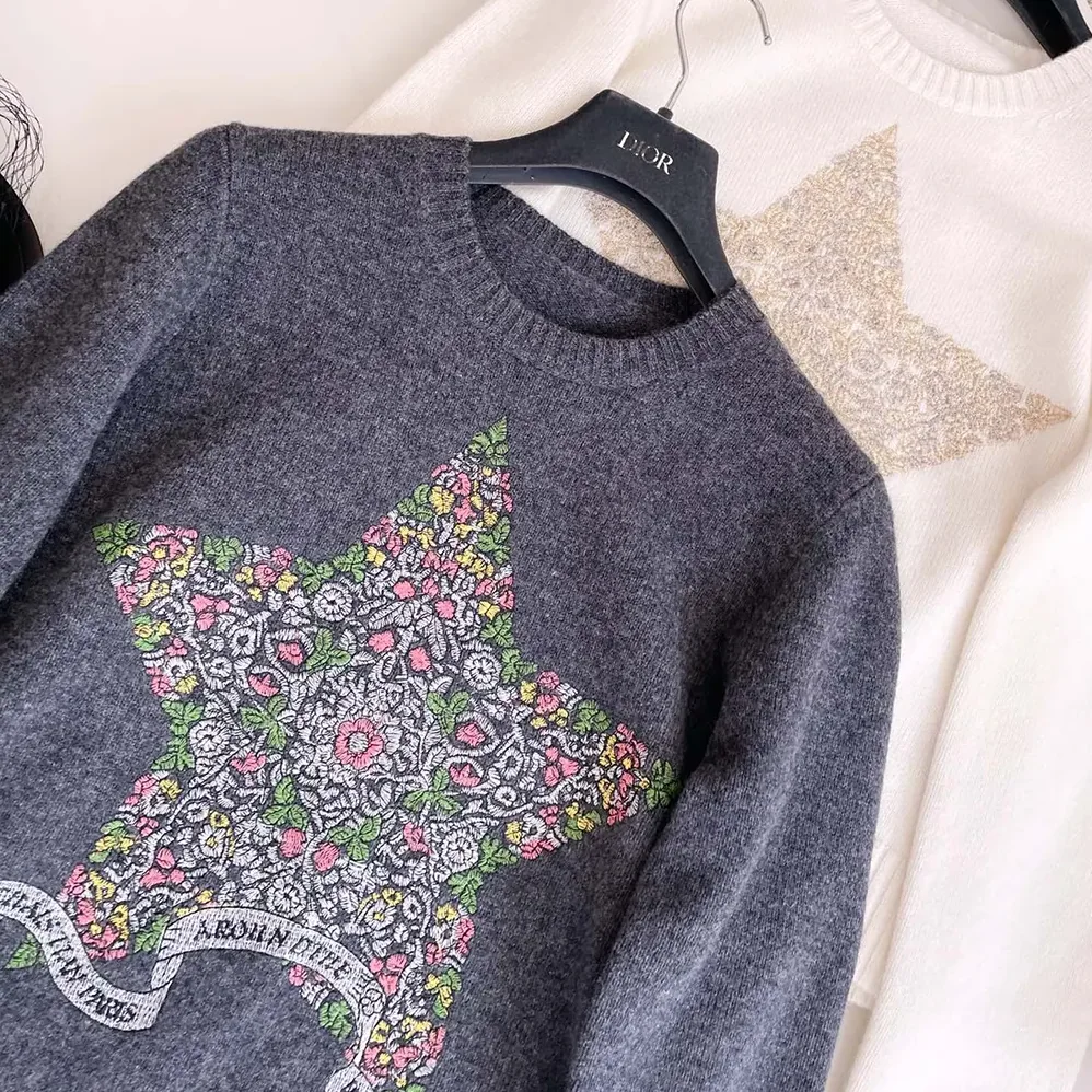 Dior Embroidered Sweater Gray Cashmere Knit for Women