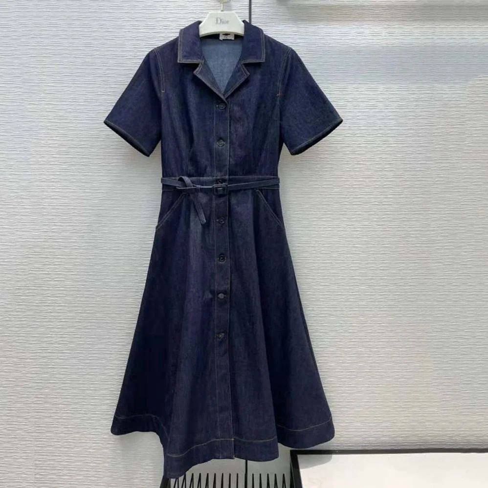 Dior Mid-Length Short-Sleeved Dress Deep Blue Cotton Denim for Women Dior Mid-Length Short-Sleeved Dress Deep Blue Cotton Denim for Women