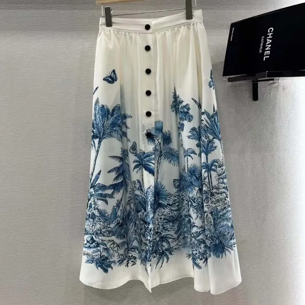 Dior Dioriviera Mid-Length Flared Skirt White and Blue Toile de Jouy for Women
